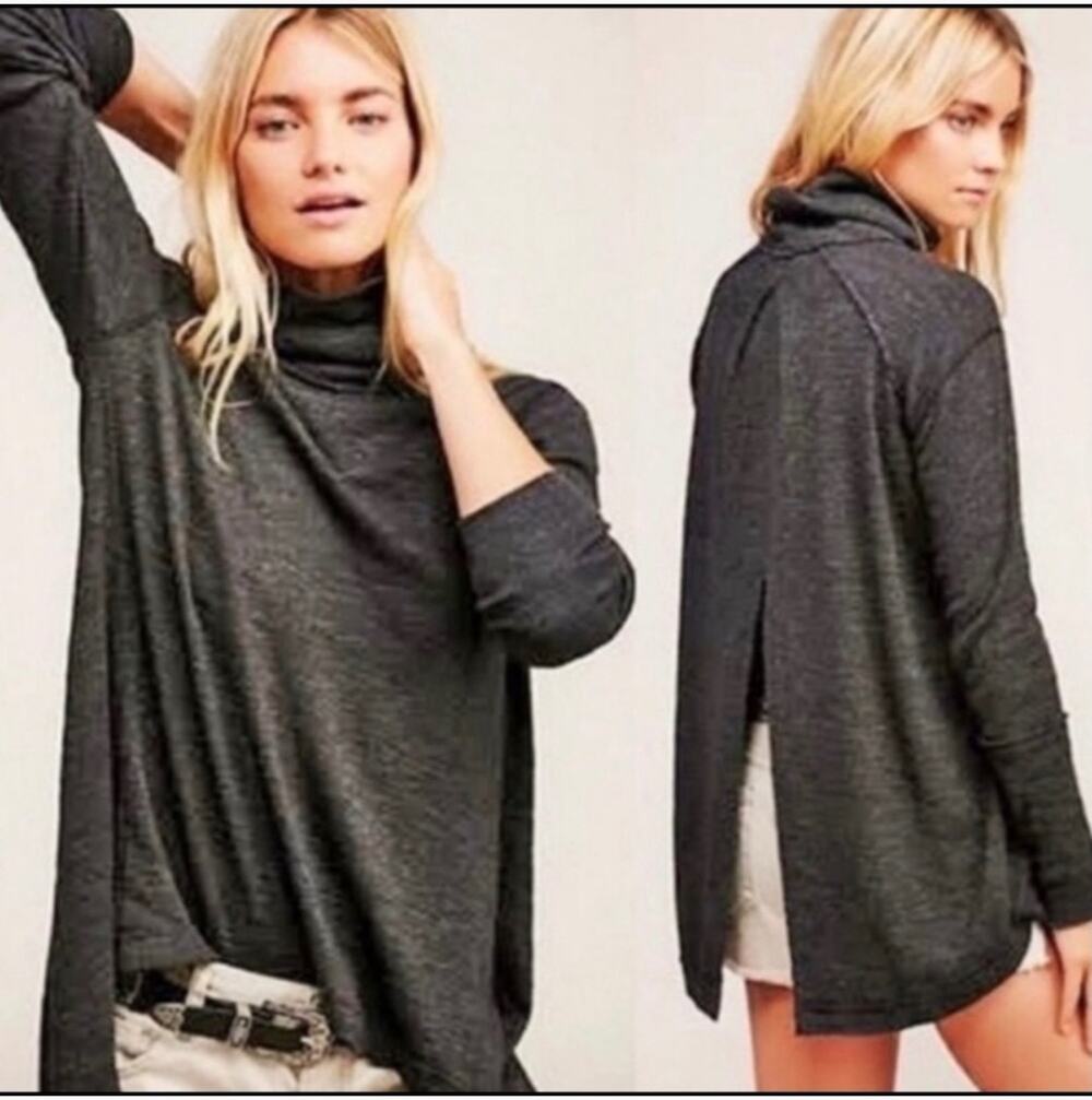 Free People Top Split Back Turtleneck Charcoal Gray Blouse S Sweater Shirt Boho
